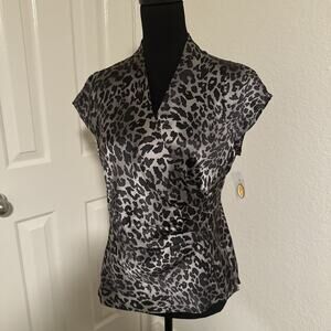 NWT $78 Talbots 100% Silk Luxury Blouse Size 8P Classic Animal Print Black